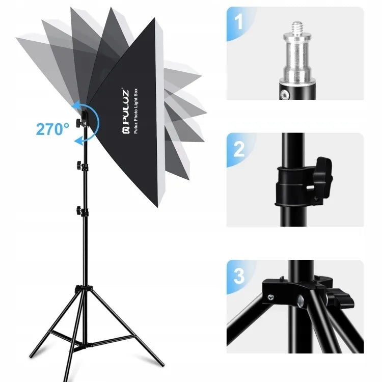 2x PULUZ studijiniai šviestuvai, softbox 50x70 cm su LED lemputėmis, studijinis apšvietimas fotografijai
