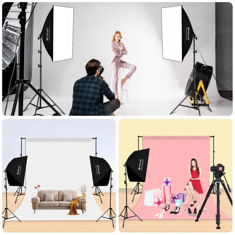2x PULUZ studijiniai šviestuvai, softbox 50x70 cm su LED lemputėmis, studijinis apšvietimas fotografijai