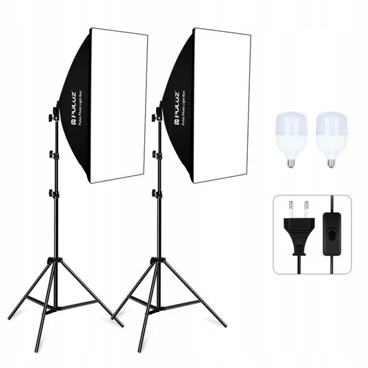2x PULUZ studijiniai šviestuvai, softbox 50x70 cm su LED lemputėmis, studijinis apšvietimas fotografijai