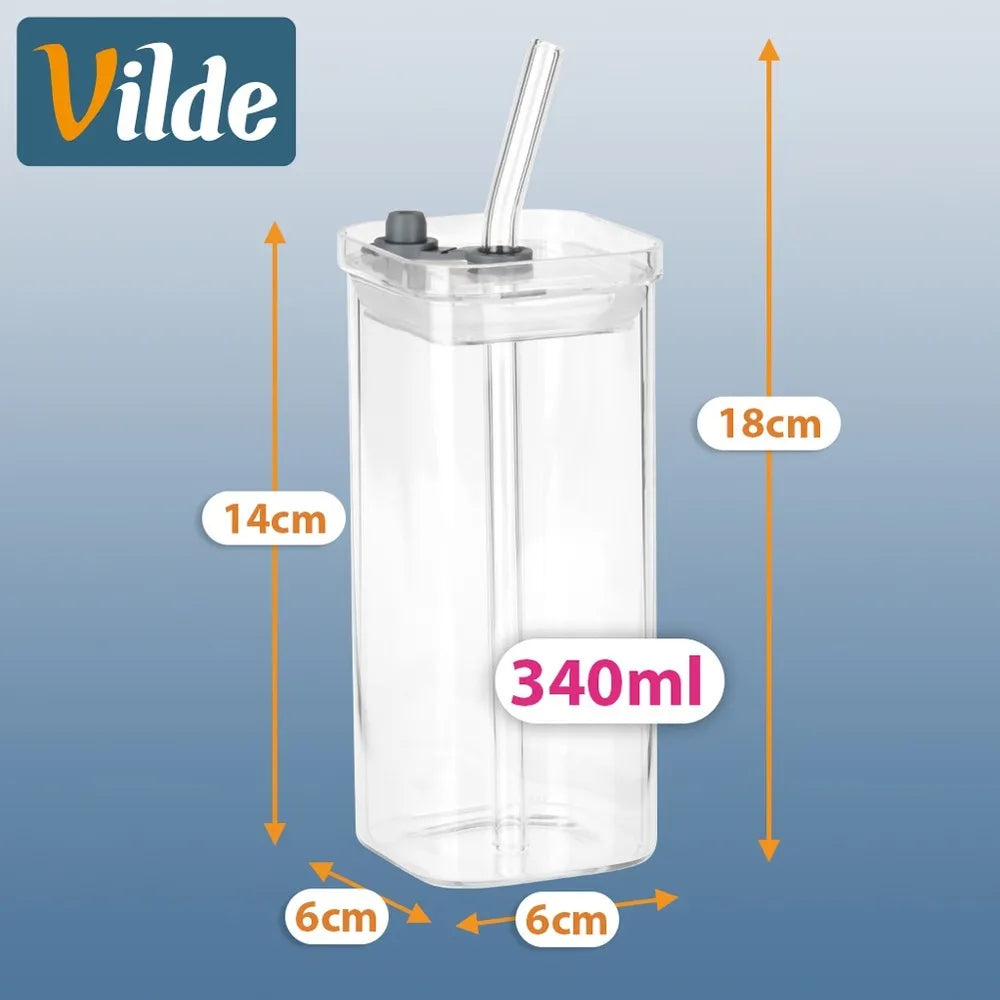 2x stiklinės stiklinės su dangteliu ir šiaudeliu kelioninės 340 ml