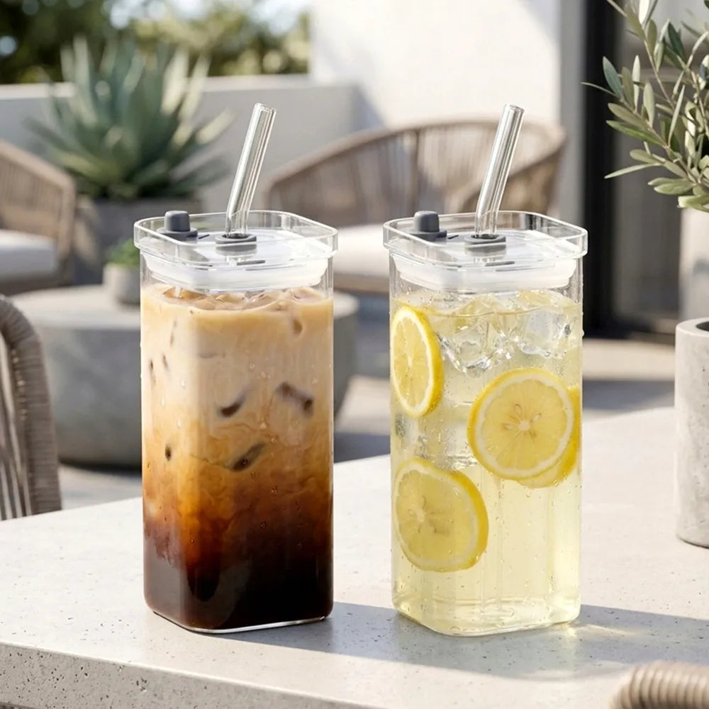 2x stiklinės stiklinės su dangteliu ir šiaudeliu kelioninės 340 ml
