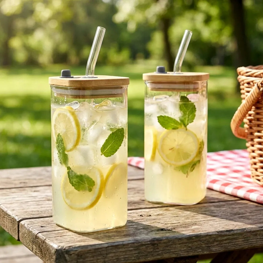 2x stiklinės stiklinės su dangteliu ir šiaudeliu kelioninės 340 ml