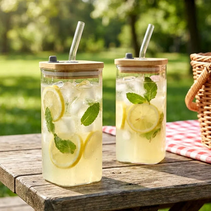2x stiklinės stiklinės su dangteliu ir šiaudeliu kelioninės 340 ml