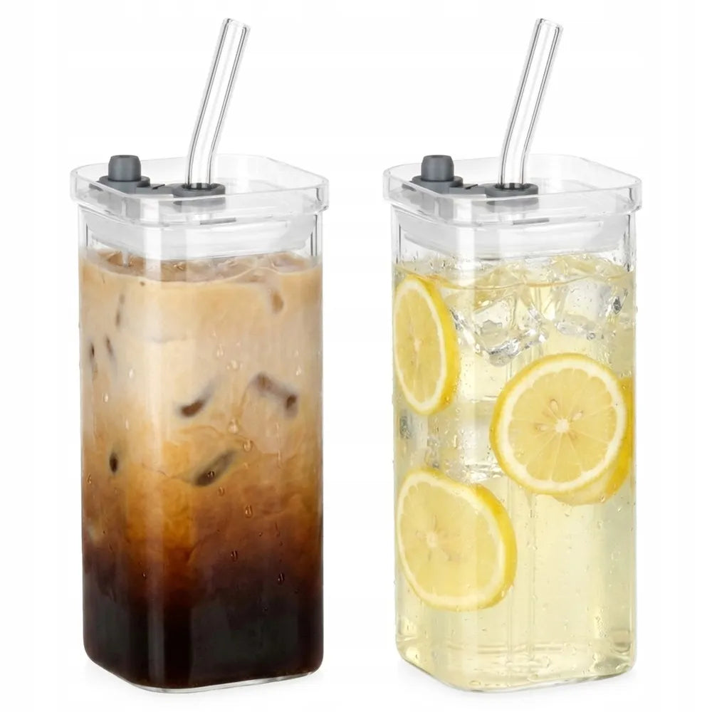 2x stiklinės stiklinės su dangteliu ir šiaudeliu kelioninės 340 ml