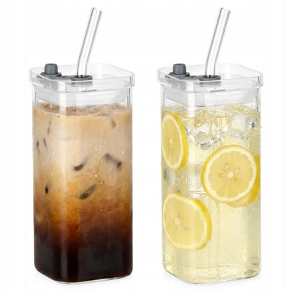 2x stiklinės stiklinės su dangteliu ir šiaudeliu kelioninės 340 ml