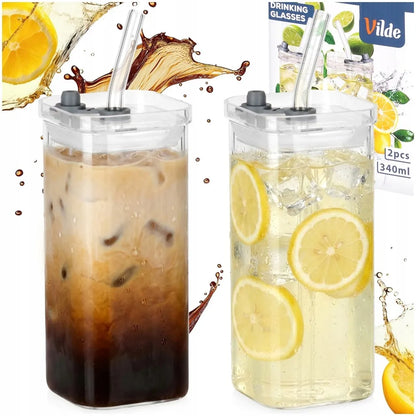 2x stiklinės stiklinės su dangteliu ir šiaudeliu kelioninės 340 ml