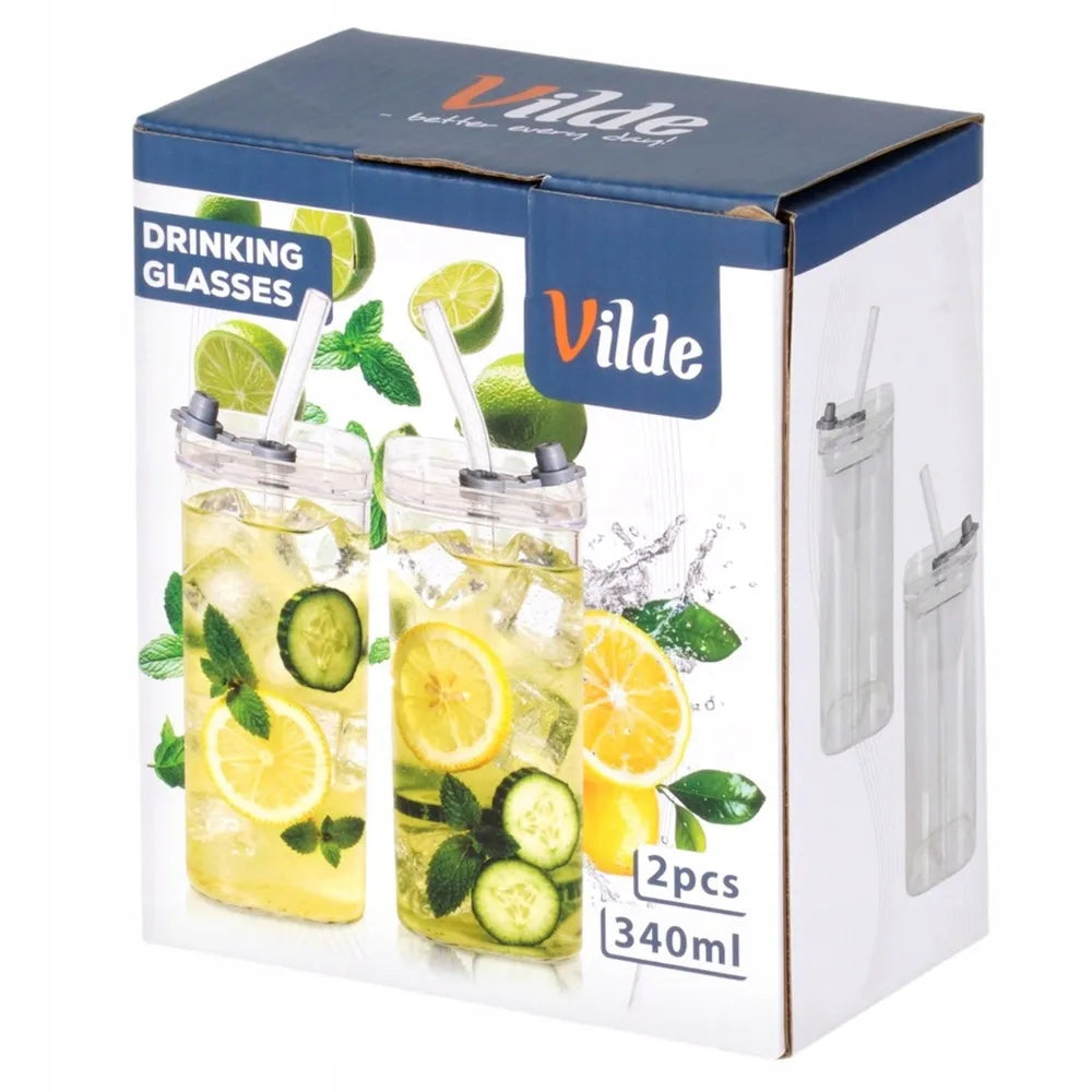 2x stiklinės stiklinės su dangteliu ir šiaudeliu kelioninės 340 ml