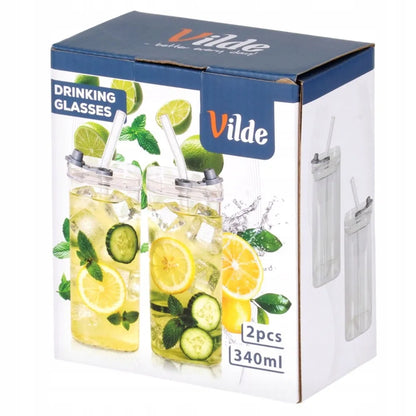 2x stiklinės stiklinės su dangteliu ir šiaudeliu kelioninės 340 ml