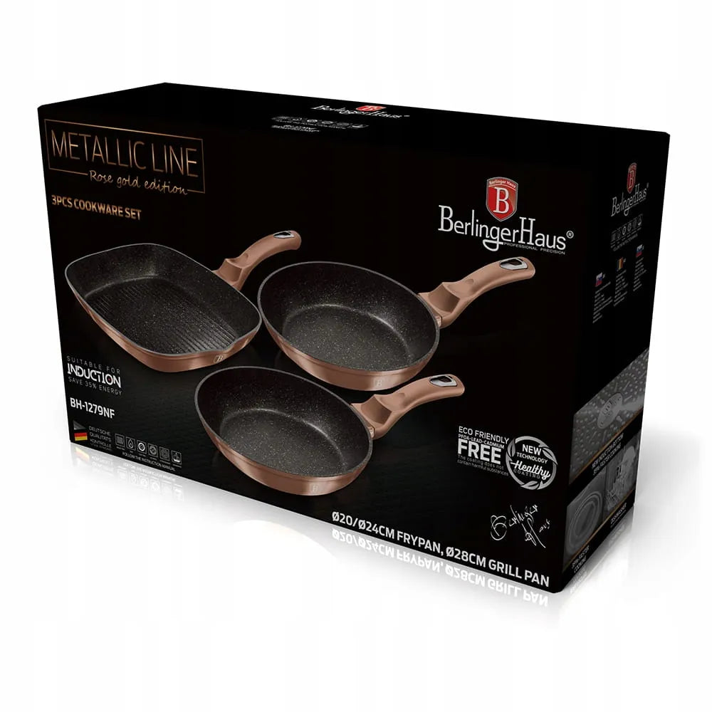 3 granitinių keptuvių rinkinys 20/24/28 cm BERLINGER HAUS Metallic Line Rose Gold