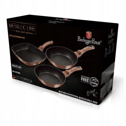 3 granitinių keptuvių rinkinys 20/24/28 cm BERLINGER HAUS Metallic Line Rose Gold