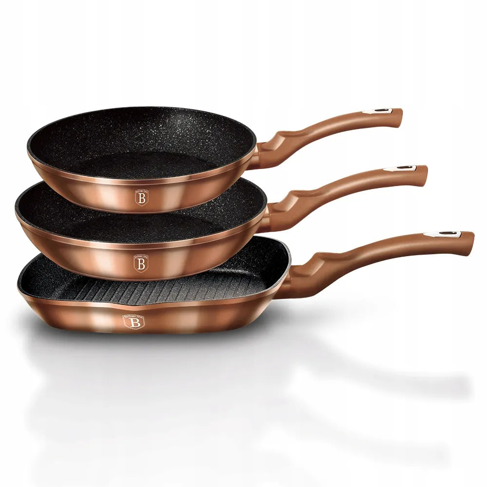 3 granitinių keptuvių rinkinys 20/24/28 cm BERLINGER HAUS Metallic Line Rose Gold