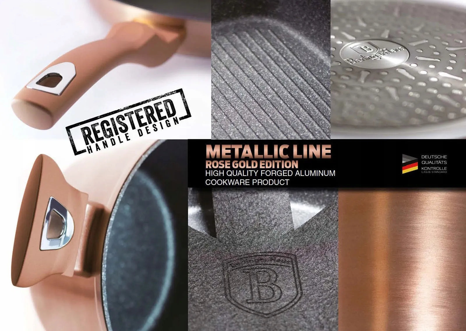3 granitinių keptuvių rinkinys 20/24/28 cm BERLINGER HAUS Metallic Line Rose Gold