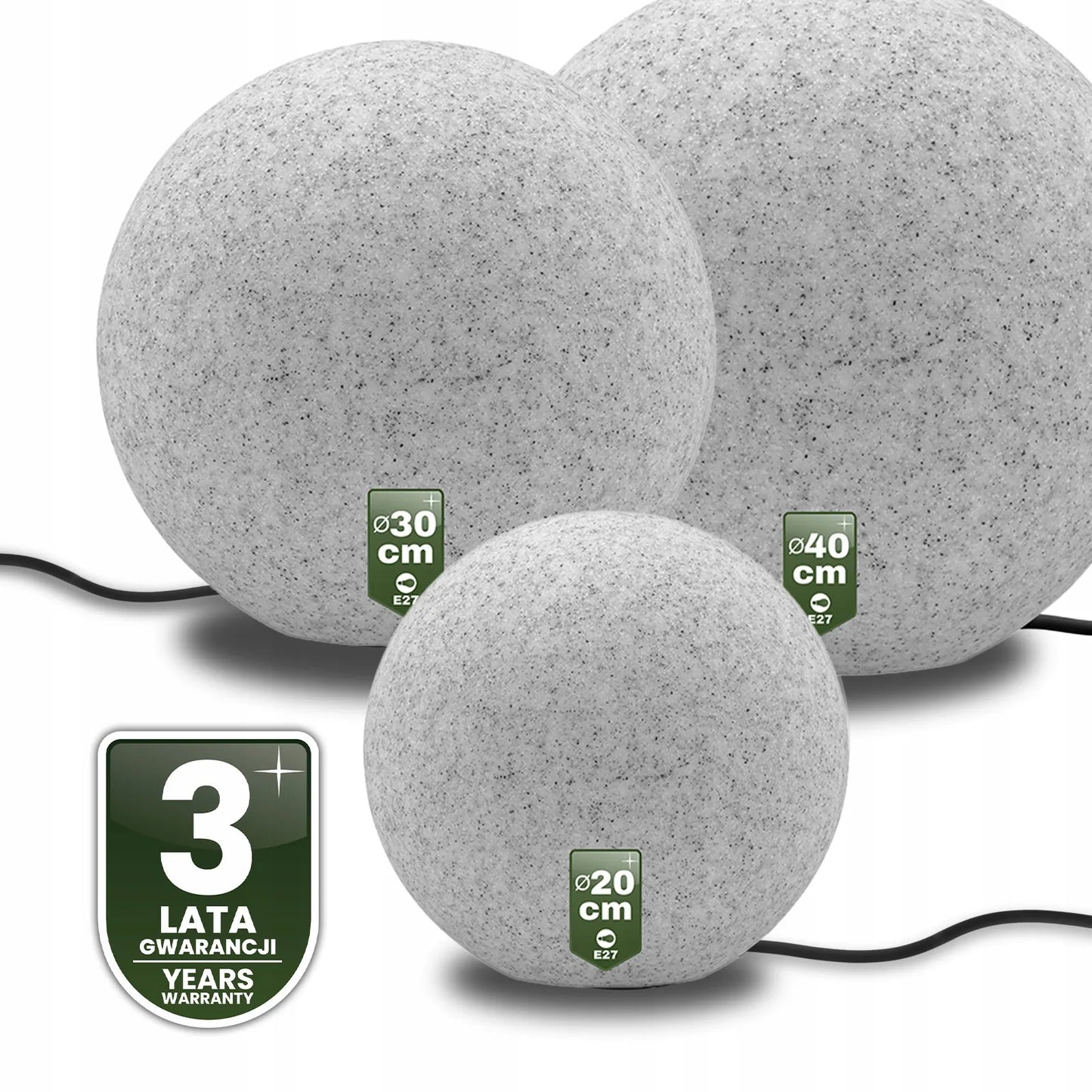3 vnt. sodo šviestuvų rinkinys KULKA 230V LED E27 AKMENS imitacijos smeigiami terasai su laidu