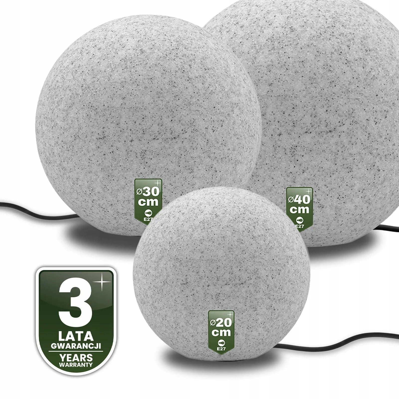 3 vnt. sodo šviestuvų rinkinys KULKA 230V LED E27 AKMENS imitacijos smeigiami terasai su laidu