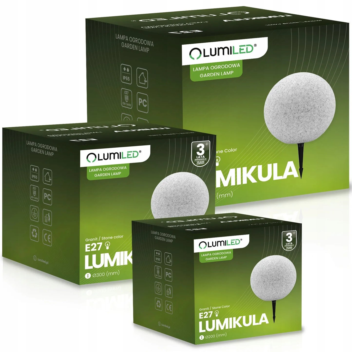 3 vnt. sodo šviestuvų rinkinys KULKA 230V LED E27 AKMENS imitacijos smeigiami terasai su laidu