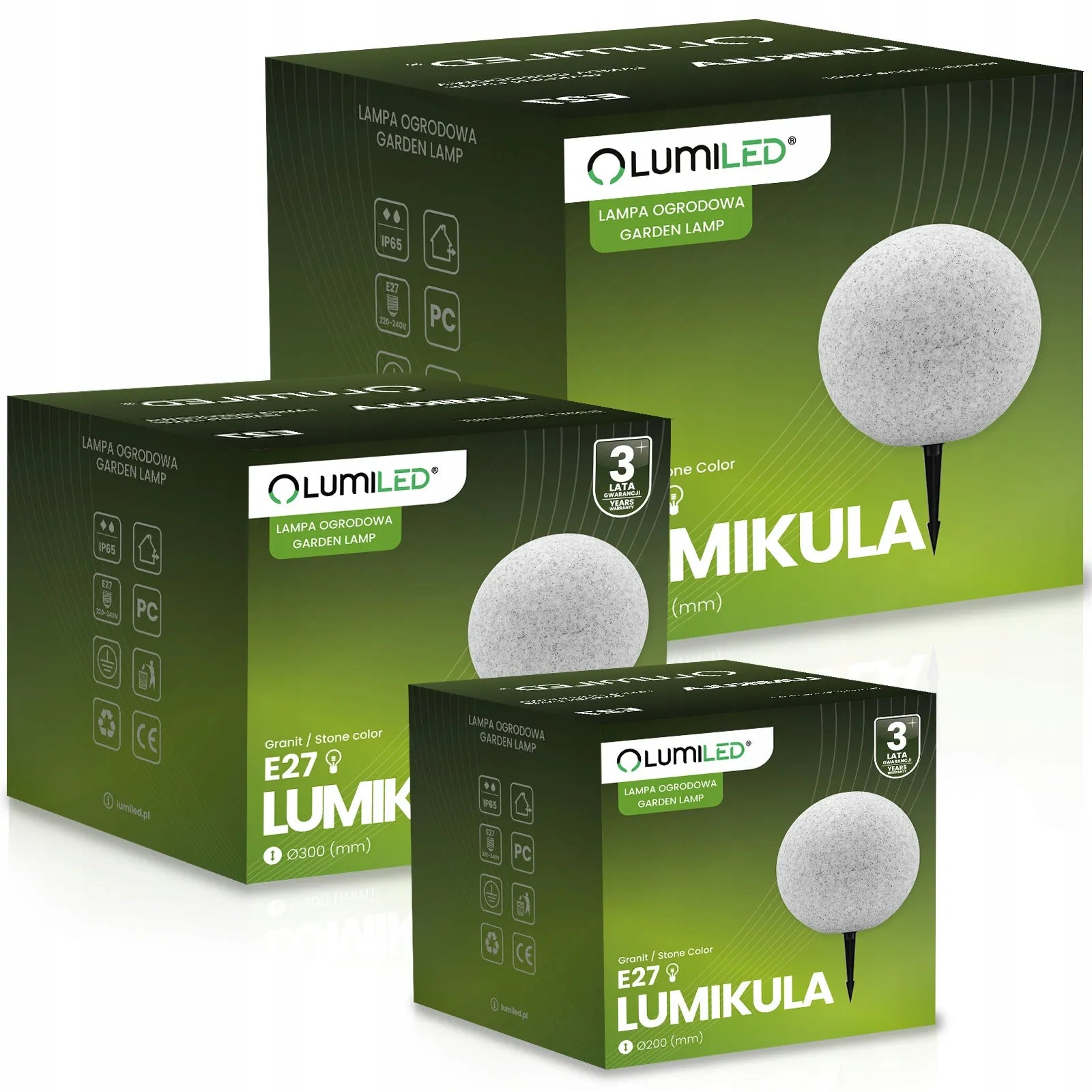 3 vnt. sodo šviestuvų rinkinys KULKA 230V LED E27 AKMENS imitacijos smeigiami terasai su laidu