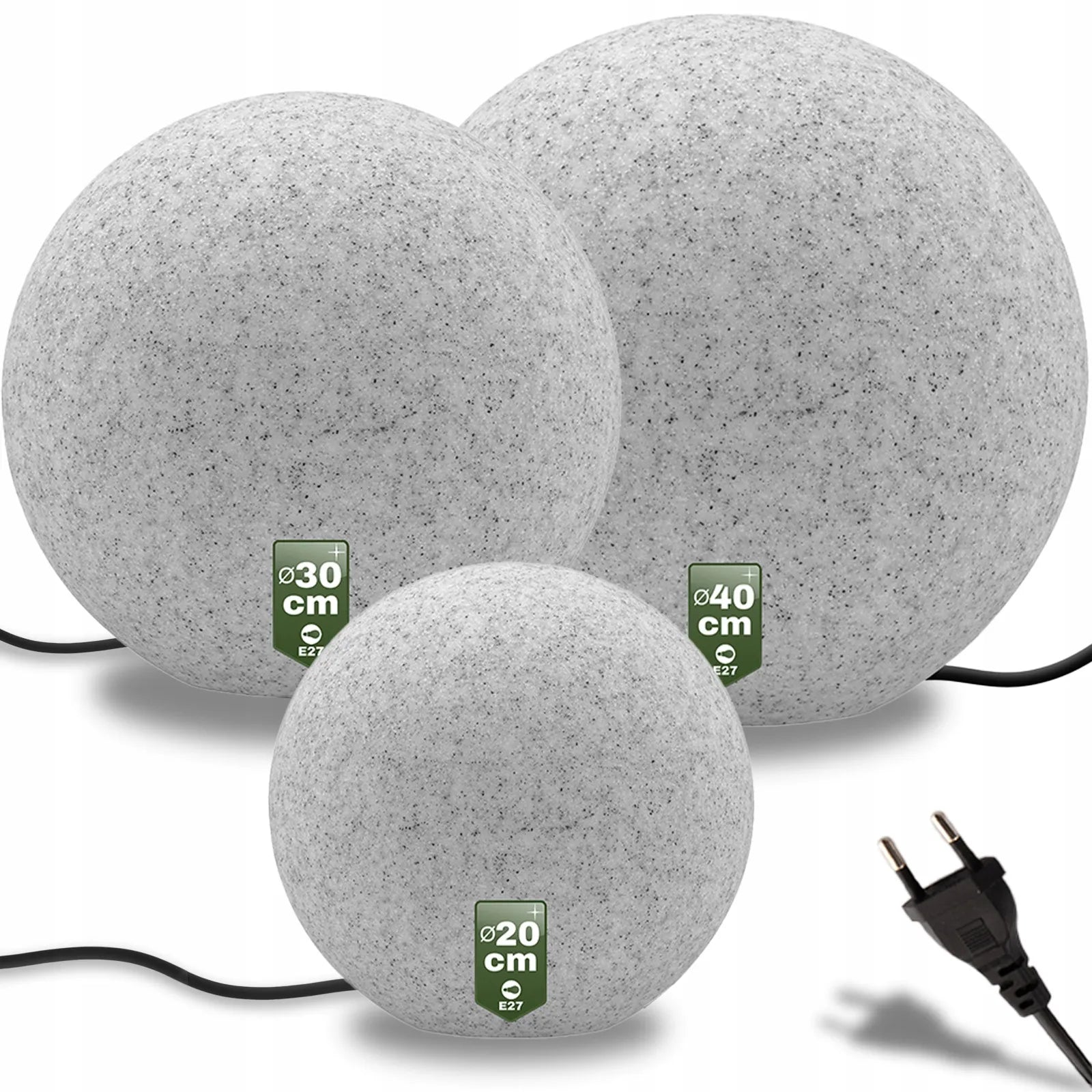 3 vnt. sodo šviestuvų rinkinys KULKA 230V LED E27 AKMENS imitacijos smeigiami terasai su laidu