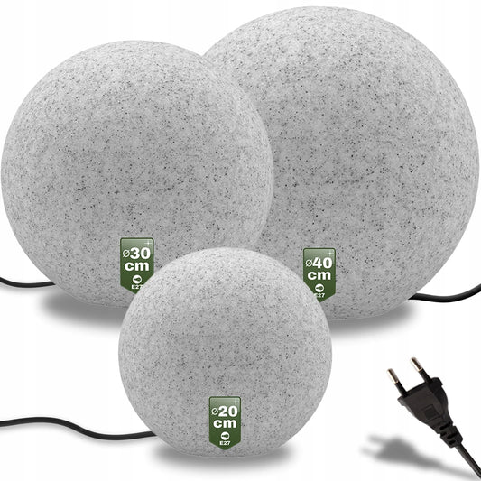 3 vnt. sodo šviestuvų rinkinys KULKA 230V LED E27 AKMENS imitacijos smeigiami terasai su laidu