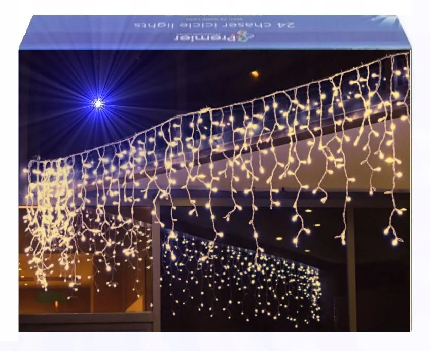 300 LED varvekliai lauko girlianda 12m šilta balta + šaltas blyksnis