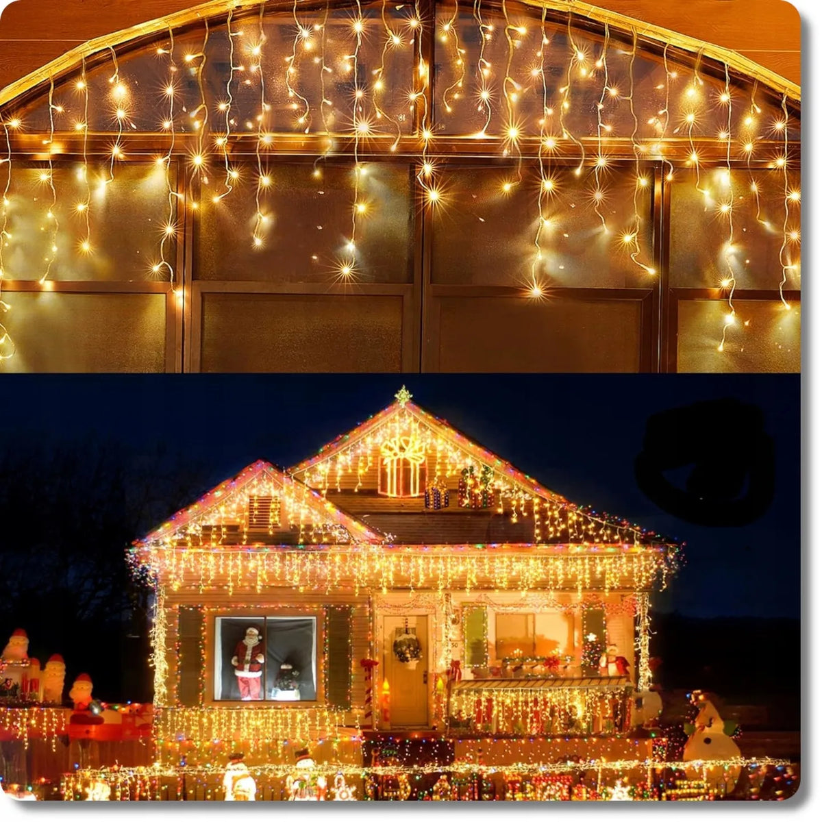 300 LED varvekliai lauko girlianda 12m šilta balta + šaltas blyksnis