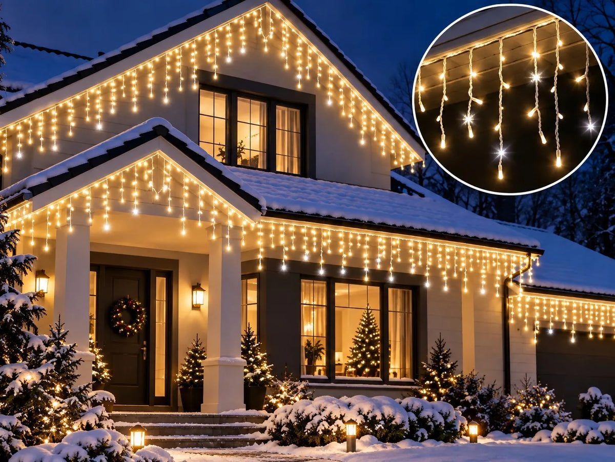 300 LED varvekliai lauko girlianda 12m šilta balta + šaltas blyksnis
