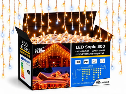 300 LED varvekliai lauko girlianda 12m šilta balta + šaltas blyksnis