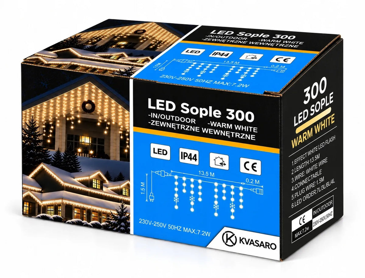 300 LED varvekliai lauko girlianda 12m šilta balta + šaltas blyksnis