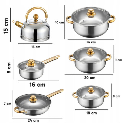11 VIENETŲ VIRTUVĖS PUODŲ KOMPLEKTAS DUJOMS, INDUKCIJAI, ARBATINUKAS, KEPTUVĖ + DANGČIAI