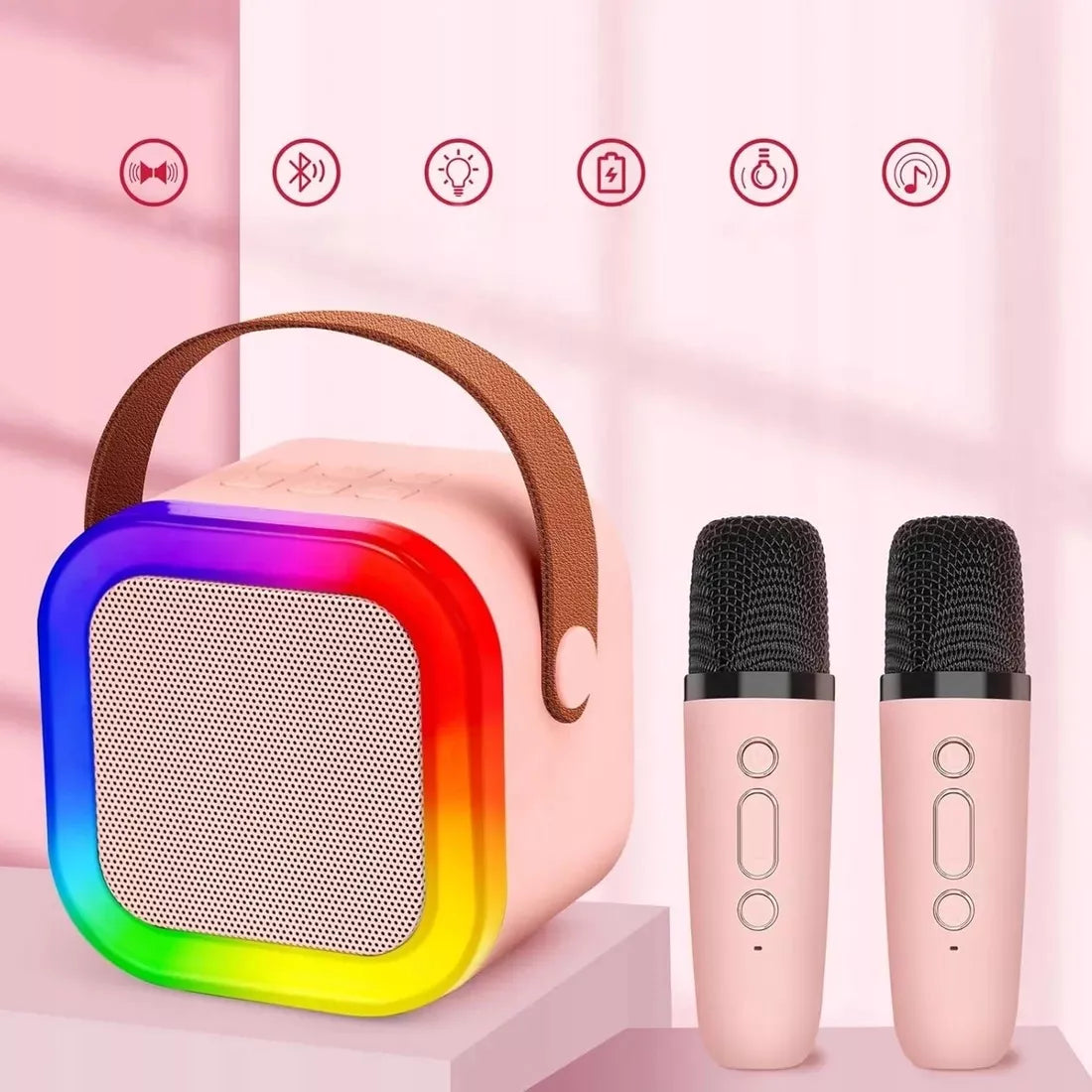 Belaidis nešiojamas karaoke rinkinys, 2x mikrofonas + Bluetooth RGB garsiakalbis
