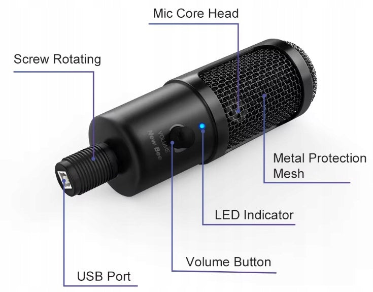 Mikrofonas New Bee USB kompiuteriui talpinis žaidimų stalinis + stovas