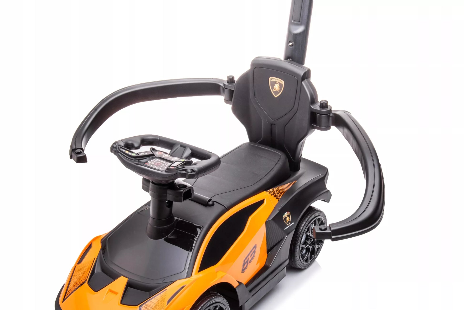 Vaikiškas paspiriamas automobilis su rankena LAMBORGHINI 3in1, žaislinis automobilis, sėdynė iš ekoodos