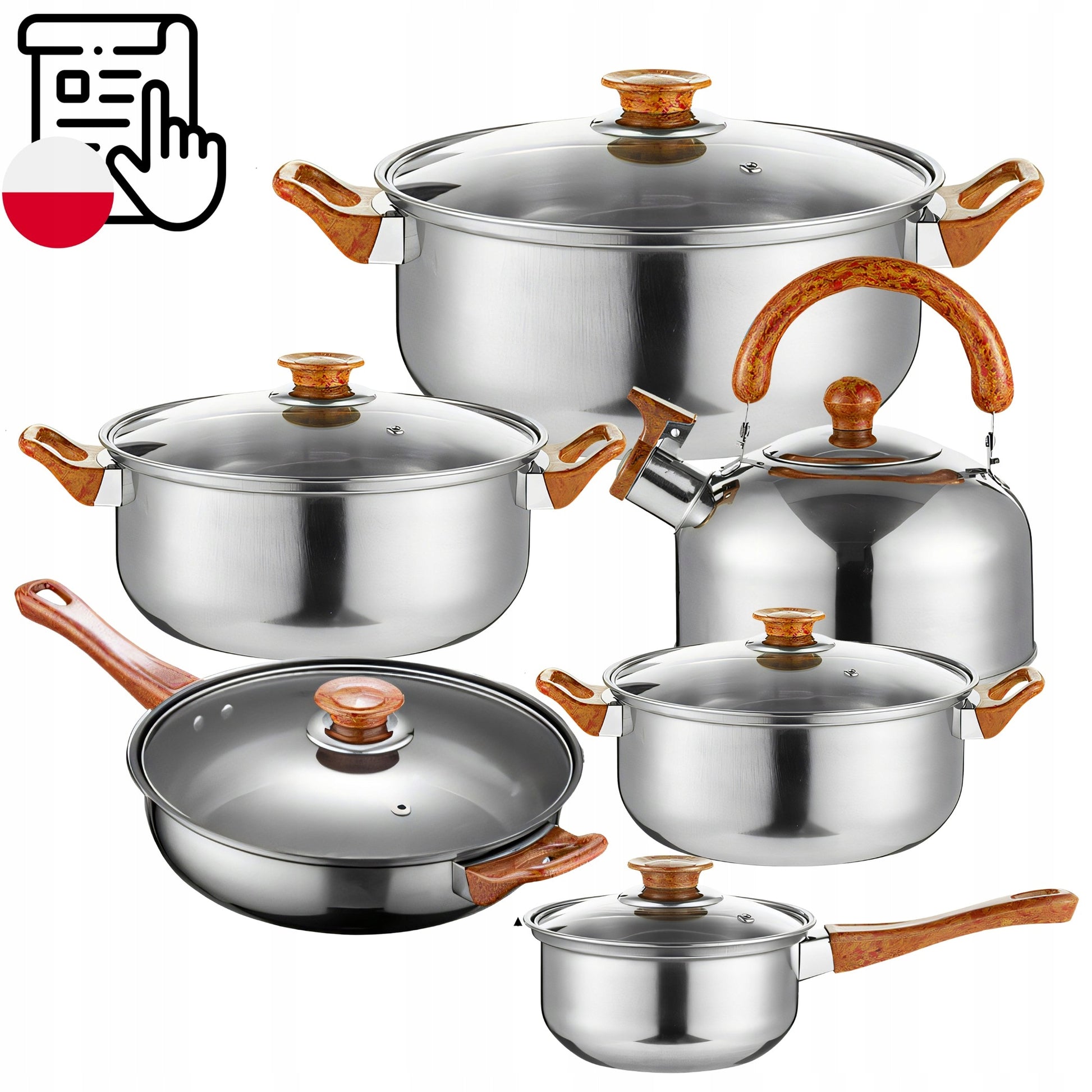 11 VIENETŲ VIRTUVĖS PUODŲ KOMPLEKTAS DUJOMS, INDUKCIJAI, ARBATINUKAS, KEPTUVĖ + DANGČIAI