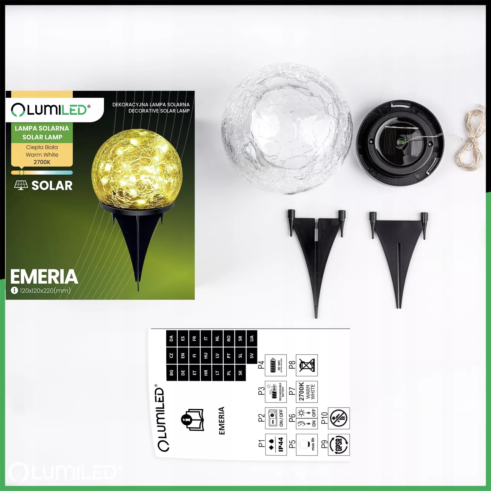 3-dalių LED saulės energija maitinamų sodo lempų rinkinys, 12 cm stiklinis rutulys, įsmeigiamas į žemę
