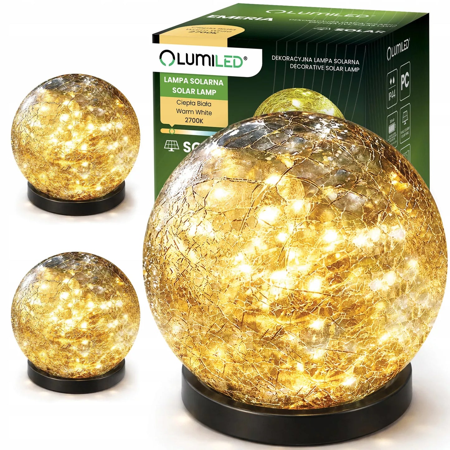 3-dalių LED saulės energija maitinamų sodo lempų rinkinys, 12 cm stiklinis rutulys, įsmeigiamas į žemę