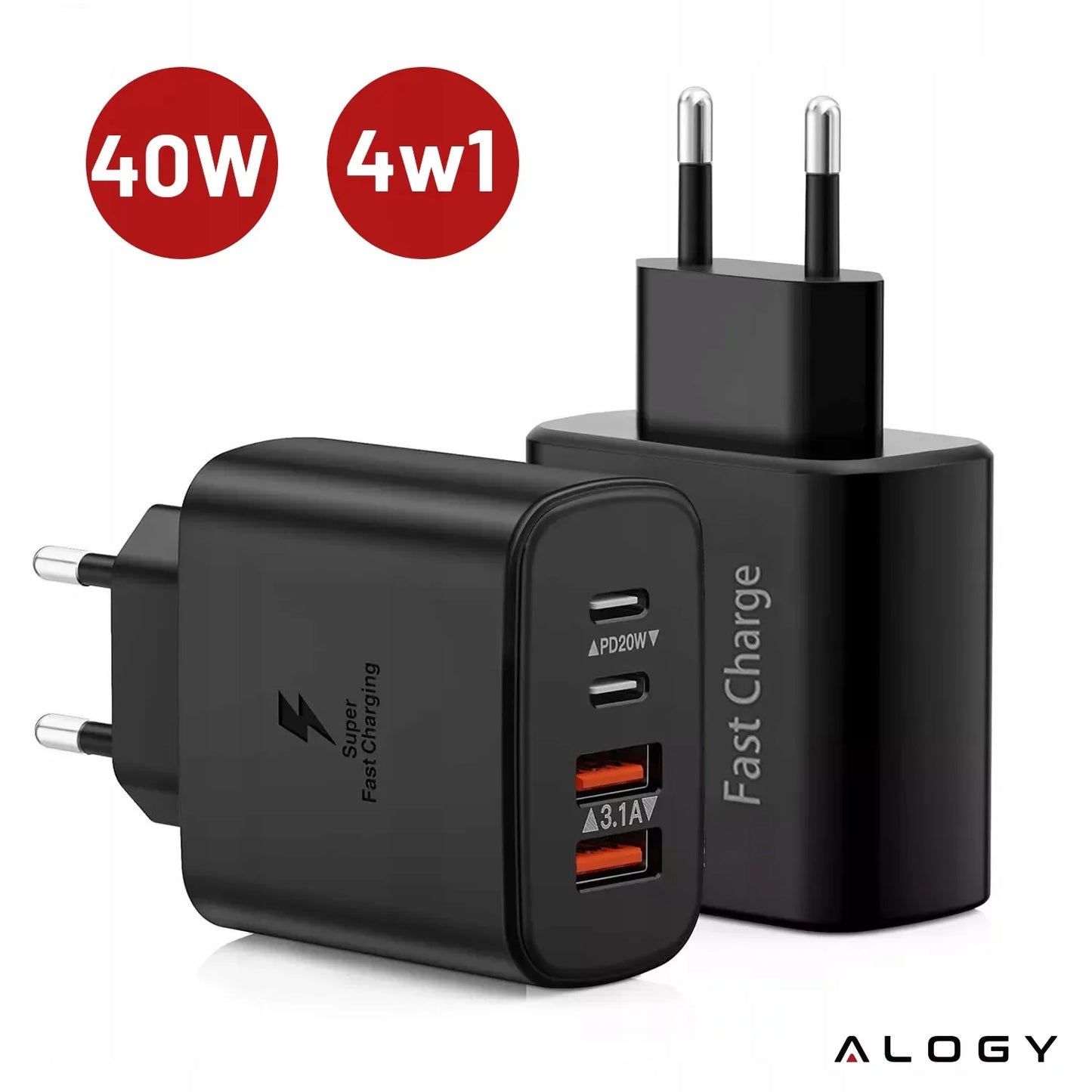 40W tinklo įkroviklis Alogy Super Fast Charger 2x USB + 2x USB-C universalus