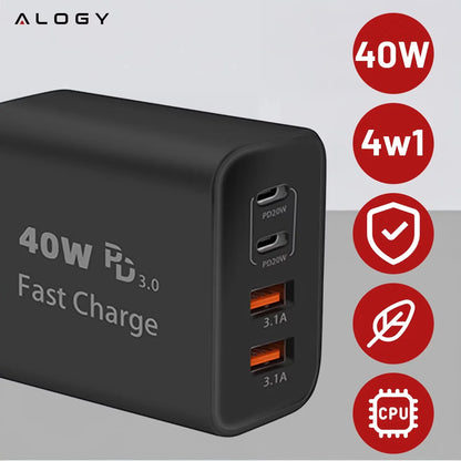 40W tinklo įkroviklis Alogy Super Fast Charger 2x USB + 2x USB-C universalus