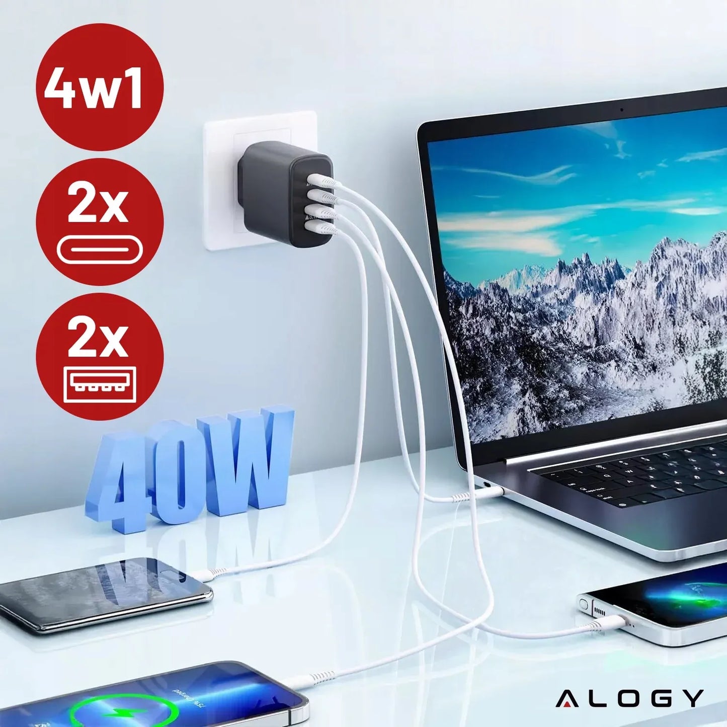 40W tinklo įkroviklis Alogy Super Fast Charger 2x USB + 2x USB-C universalus