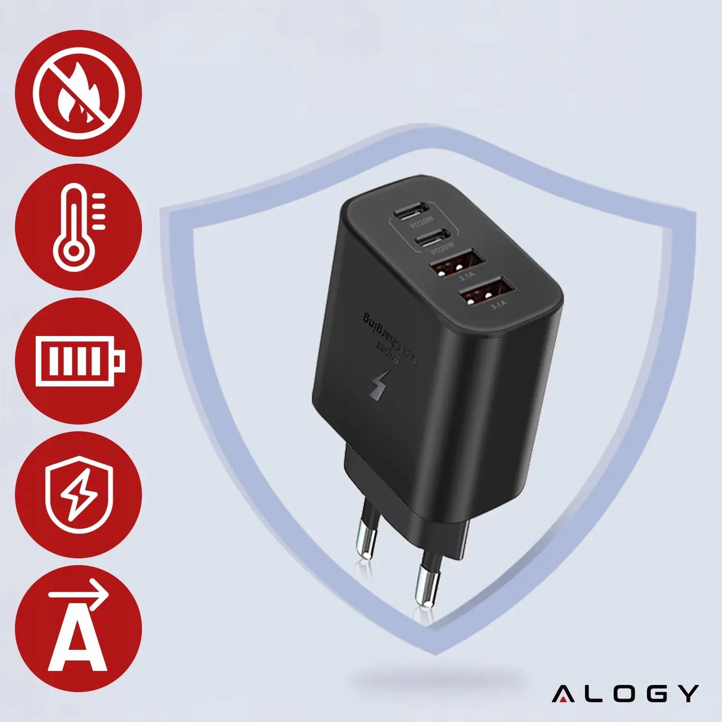 40W tinklo įkroviklis Alogy Super Fast Charger 2x USB + 2x USB-C universalus