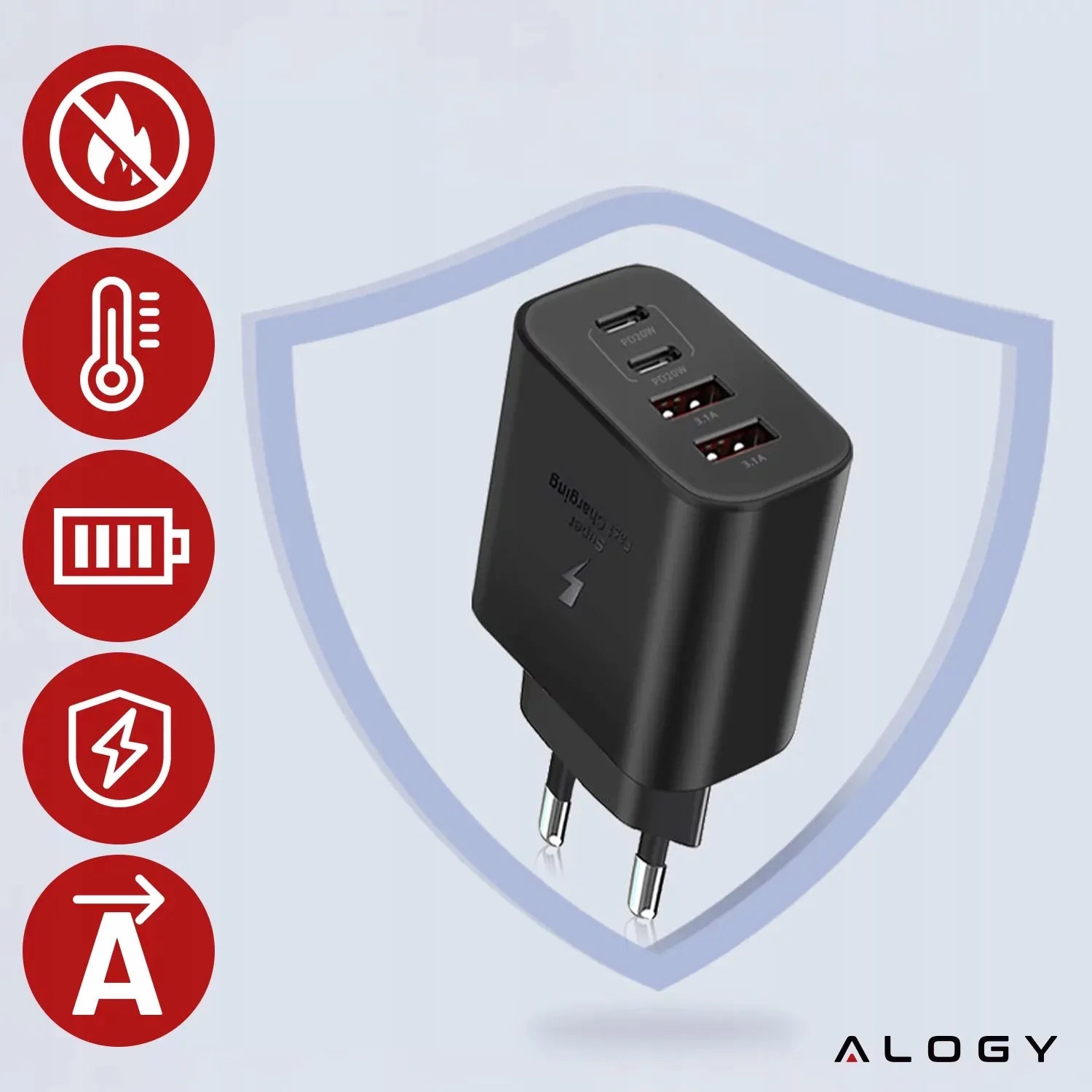 40W tinklo įkroviklis Alogy Super Fast Charger 2x USB + 2x USB-C universalus
