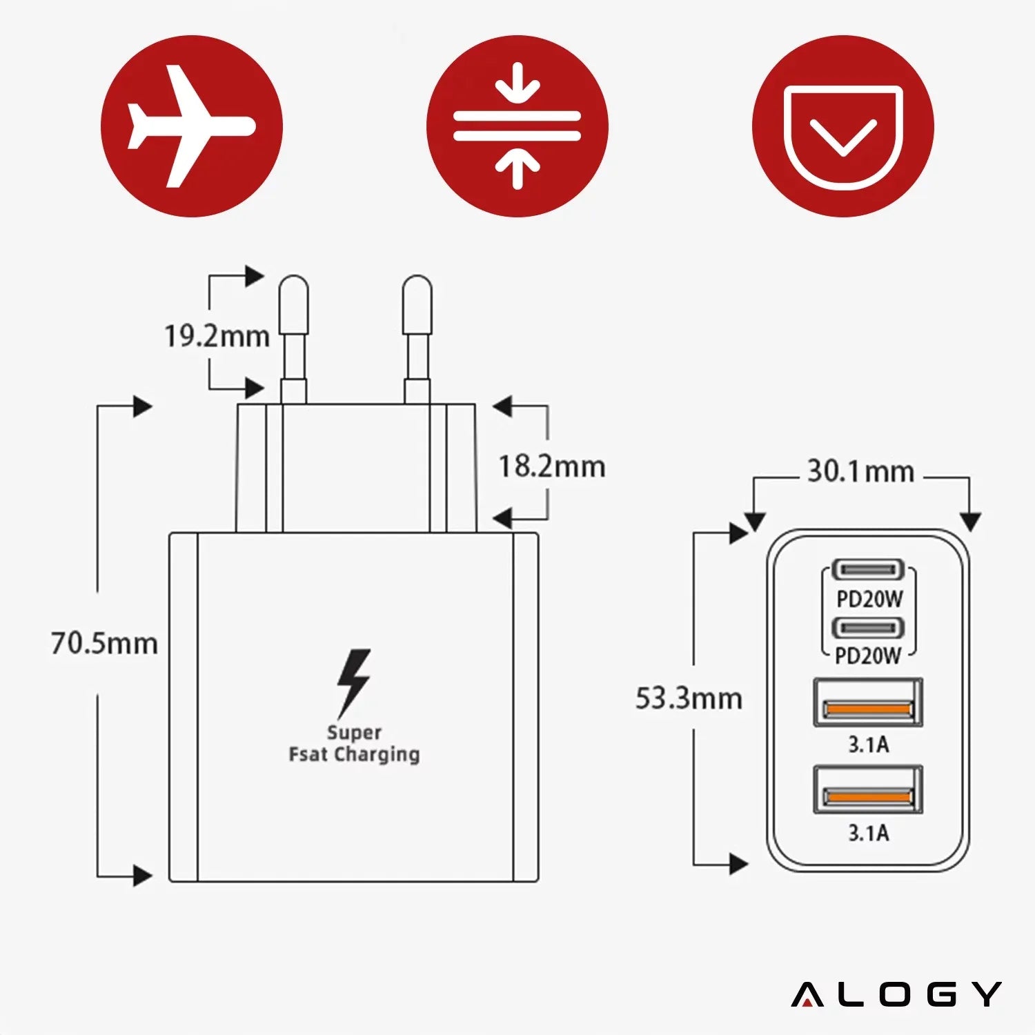 40W tinklo įkroviklis Alogy Super Fast Charger 2x USB + 2x USB-C universalus