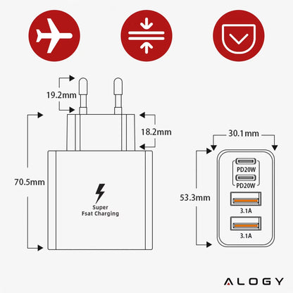 40W tinklo įkroviklis Alogy Super Fast Charger 2x USB + 2x USB-C universalus