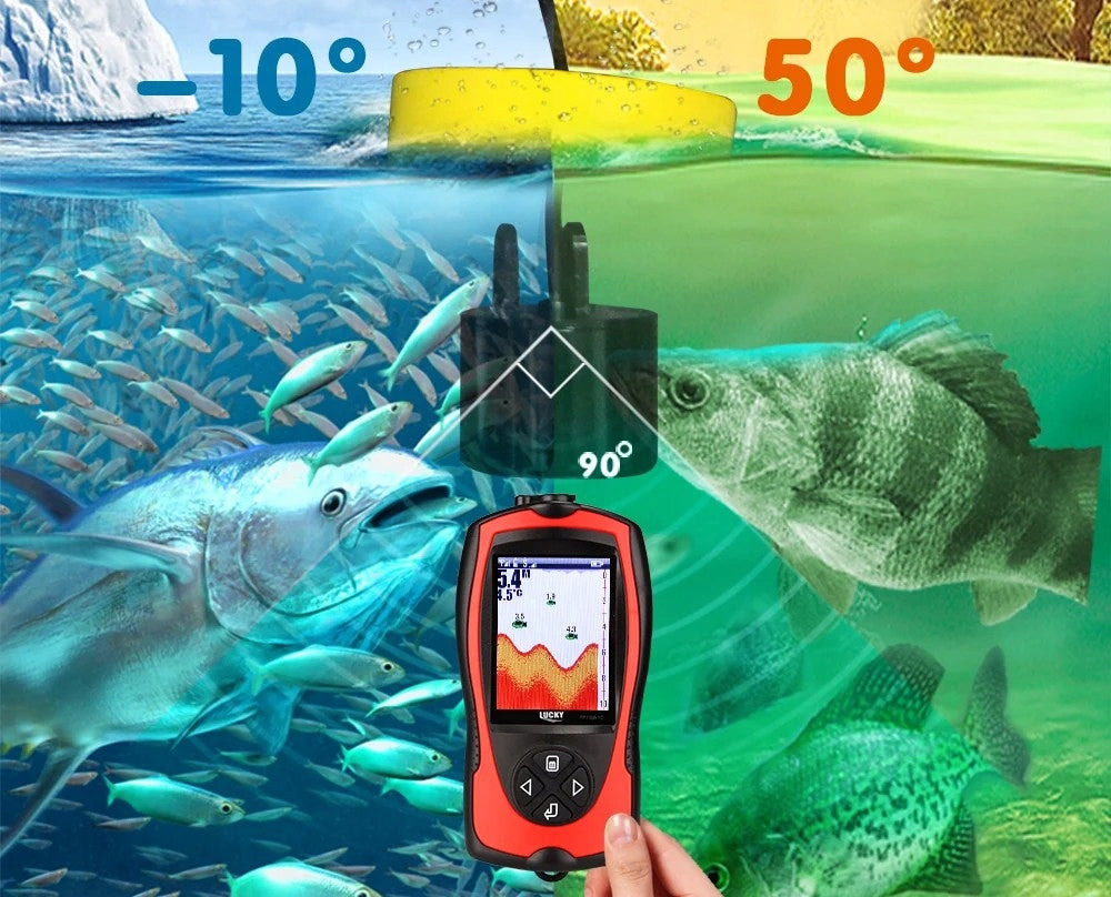 Belaidis žvejybinis echolotas LUCKY 100m su pavojaus signalu, skirtas žvejybiniams laiveliams