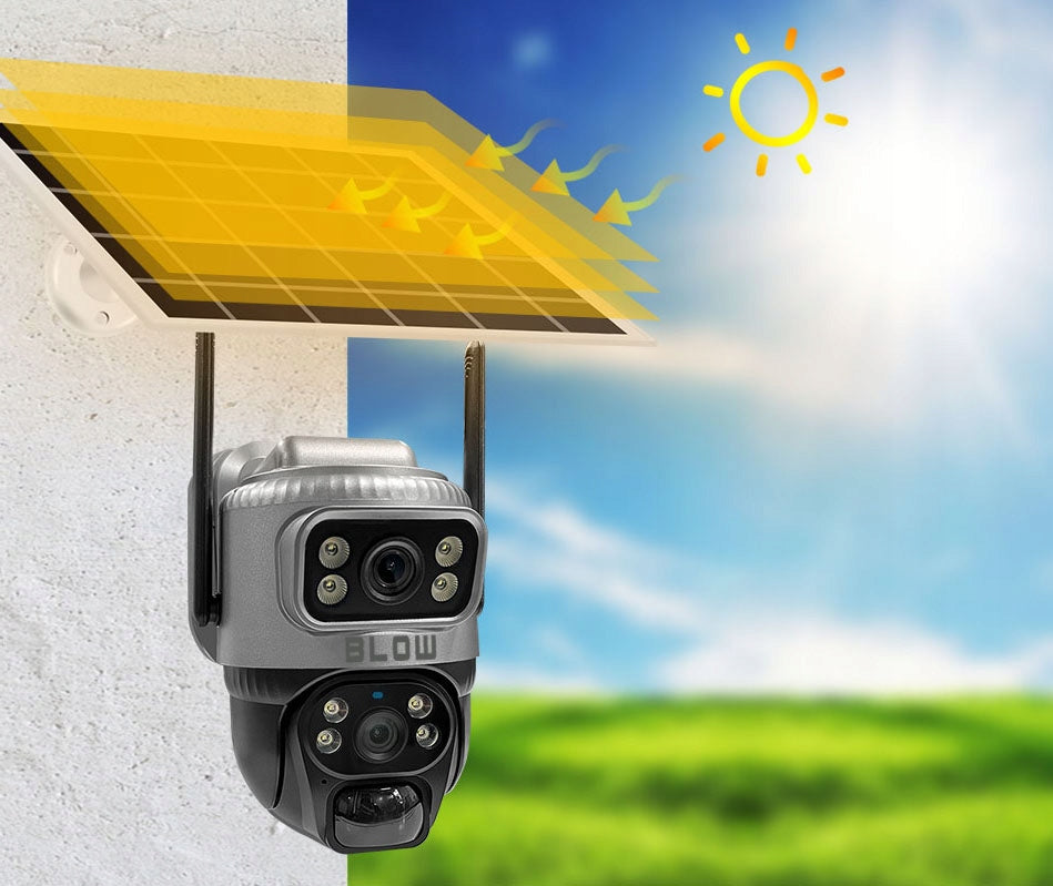 Saulės energija maitinama lauko WiFi IP kamera, 4MP, 2 objektyvai, belaidė, išmanioji, IP66