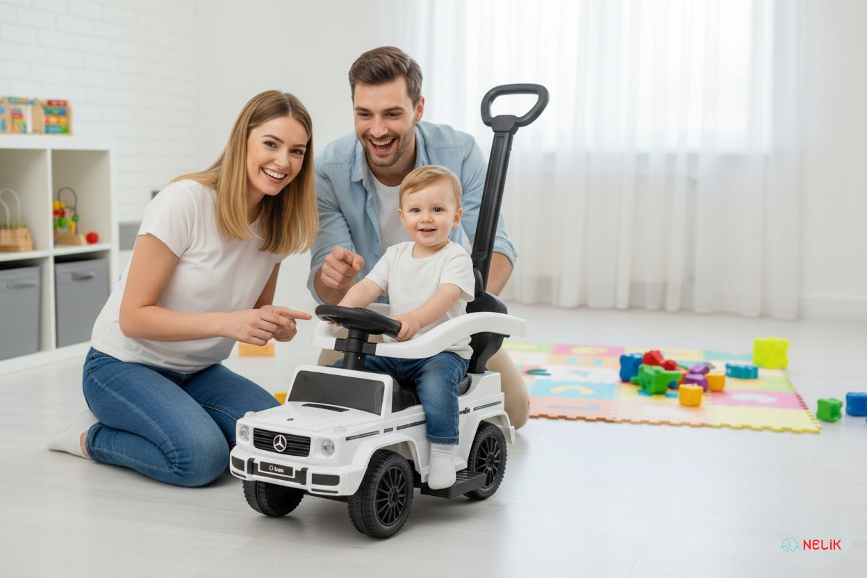 Vaikiškas automobilis stumiamas, automobiliukas MERCEDES su guminiais ratais, odine sėdyne, kaip vaikštynė - puiki dovana