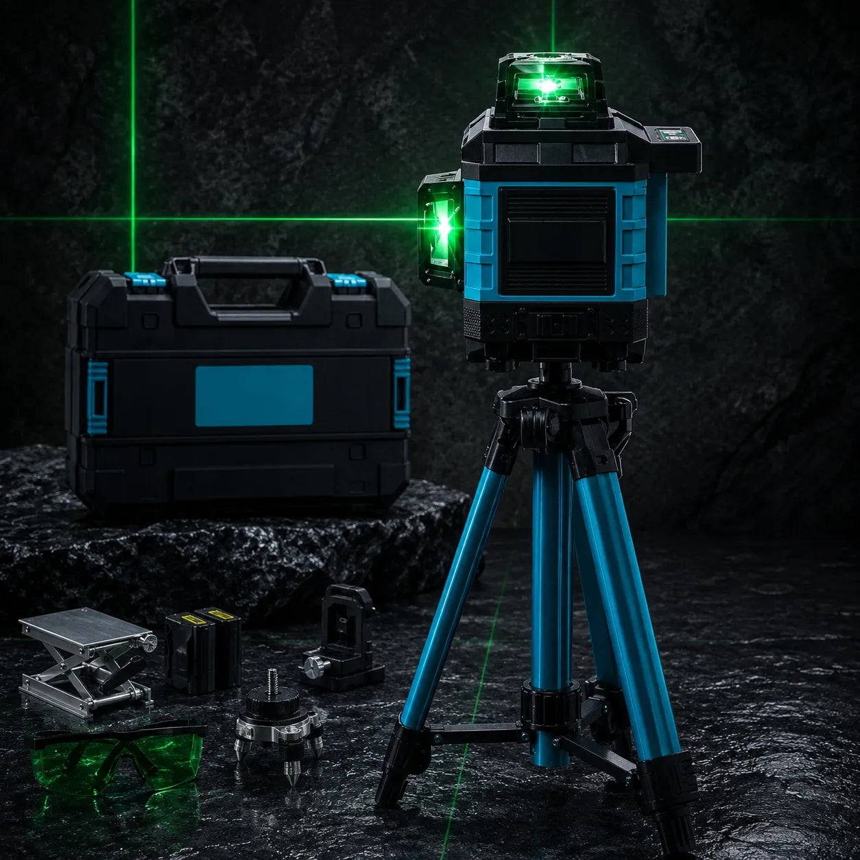 4D lazerinis nivelyras, 16 linijų, 360° kryžminis lazeris su trikoju ir dėklu