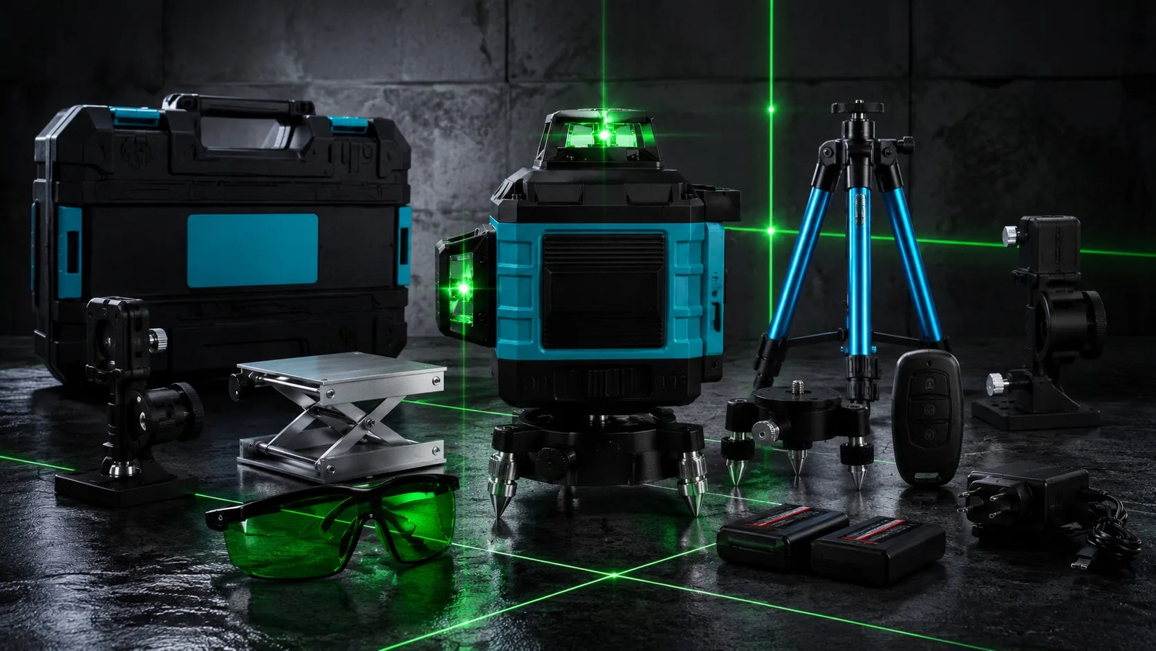 4D lazerinis nivelyras, 16 linijų, 360° kryžminis lazeris su trikoju ir dėklu