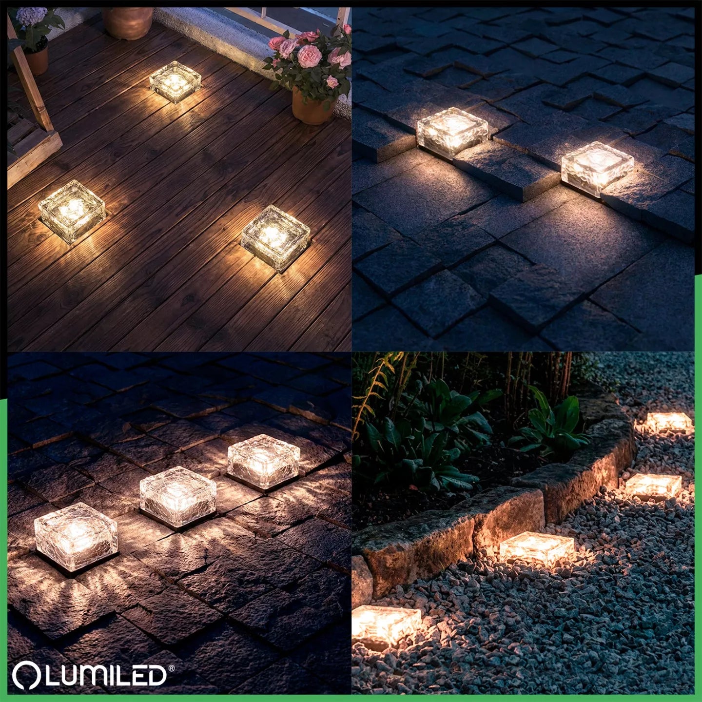 4x dekoracinis LED saulės energija maitinamas lauko šviestuvas – stiklinis kubas, skirtas terasai