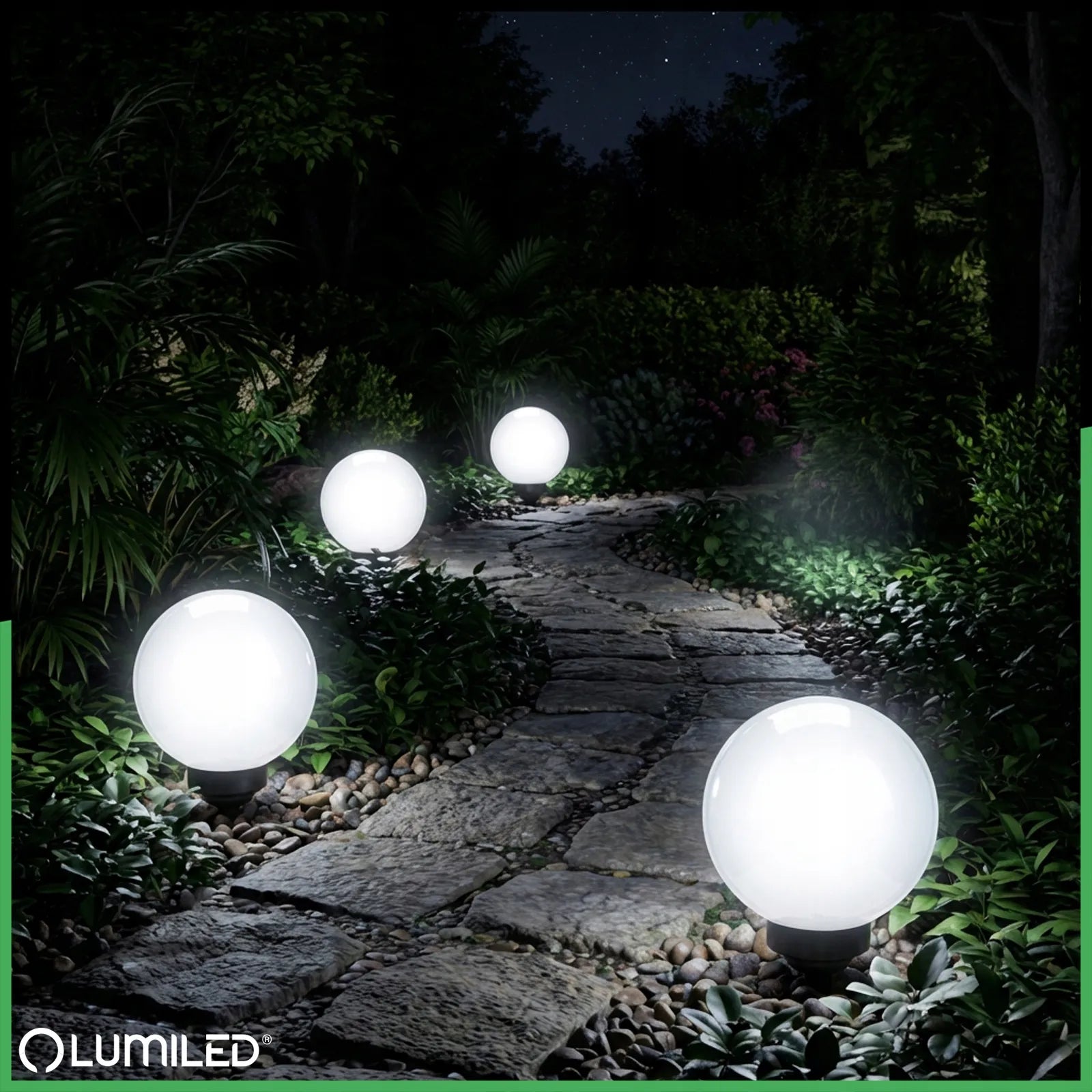 4x LED sodo saulės šviestuvai RUTULYS 20 cm smaigomi