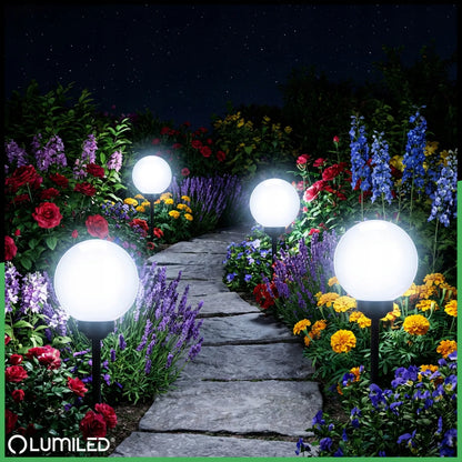4x LED sodo saulės šviestuvai RUTULYS 20 cm smaigomi