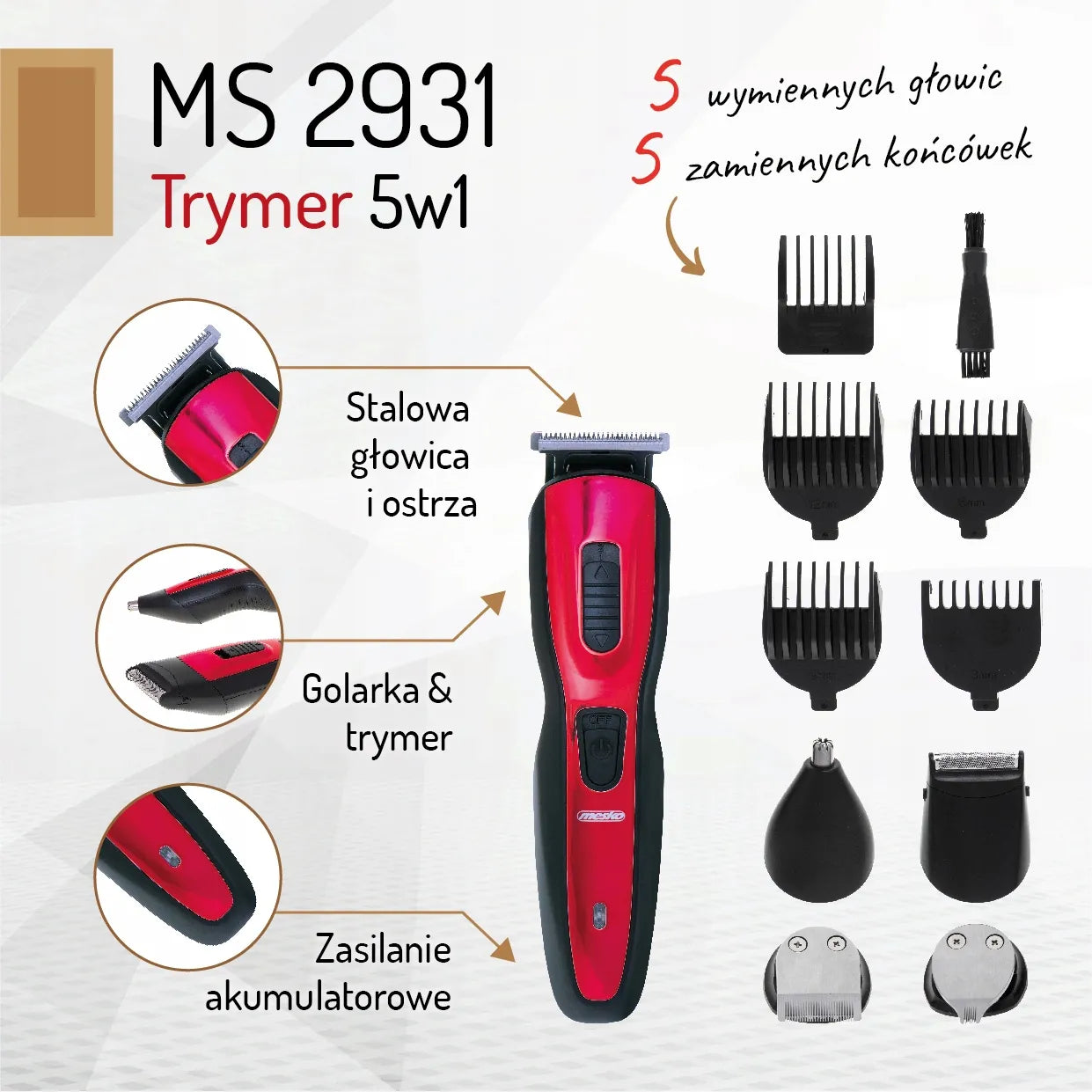 5-in-1 Mesko MS 2931 plaukų kirpimo mašinėlė, barzdaskutė ir trimeris
